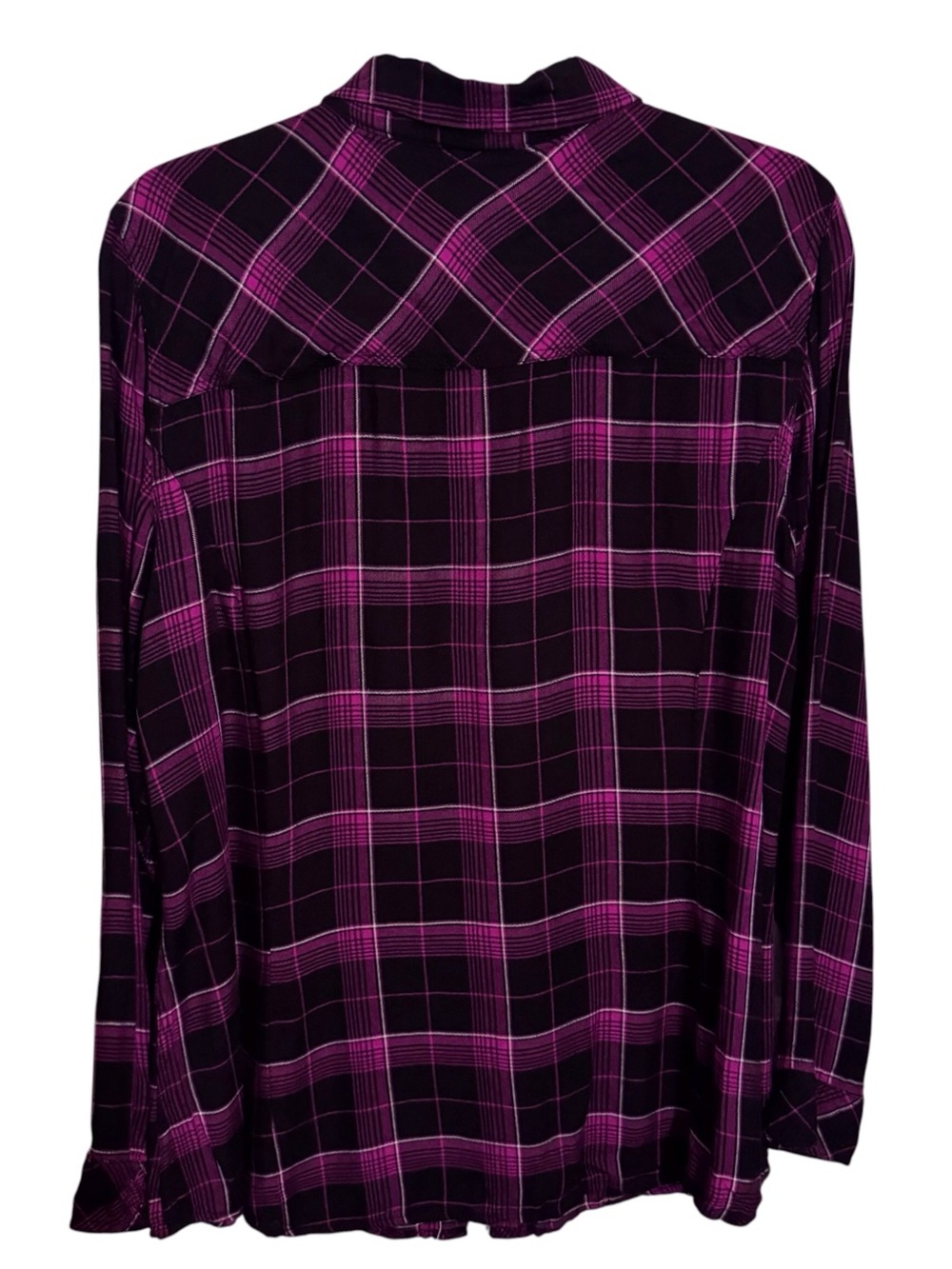 Torrid Size 1X Purple Black Plaid Button Up Top Long Sleeve Rayon Grunge Tunic - Picture 5 of 6